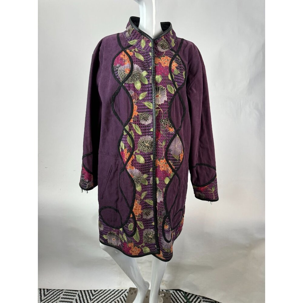 Reversible Vintage 80s Womens Coat With Floral Quilted Pattern & Black Faux Leat